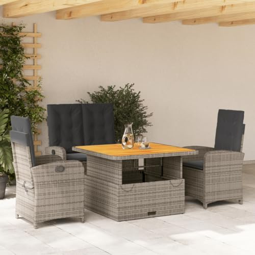 IKAYAA Ratan Gartenmöbel Set 4 Personen Terrassenmöbel Set mit 1 Verstellbarer Relaxbank, 2 Verstellbarer Sessel und 1 Höhenverstellbarer Gartentisch Balkon Set für 4 Personen Grau Type-8