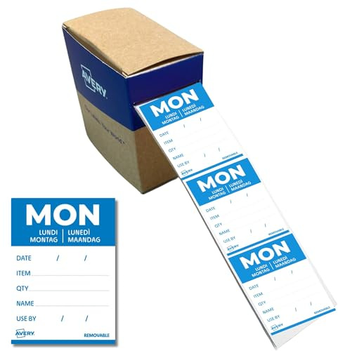 AVERY Zweckform ablösbare Lebensmittel-Tagesetiketten Montag (blau 40 x 56 mm 500 Aufkleber auf Rolle 5-sprachig HACCP-konform) DLDMONREV-500