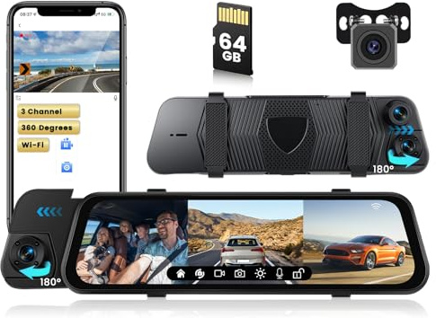 Inefala WiFi Dash Cam Miroir avec Contrôle APP, Dashcam Rétroviseur Caméra pour Voiture avec avec 3 Camera intérieur + arrière et écran Tactile, Aide au Stationnement, Capteur G (avec Carte 64 Go)