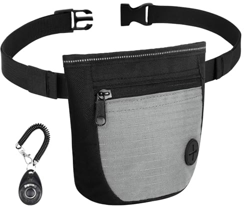 Adiwo Small Dog Treat Bags, Dog Treat Pouch Bag Including Waist Belt and Training Clicker, Upgraded Dual Magnetic Clasp, with Poop Bag Dispenser, Oxford Waterproof, for Dog Training, Walking