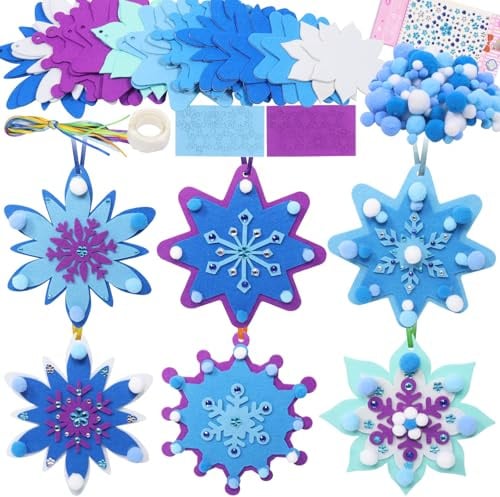 Hendpock 12 Stück Weihnachtsbasteln, Weihnachtsbaum Schneeflocken Filz Bastelset, Schneeflocken Filz Ornament Bastelset mit Pompons Diamantaufkleber, DIY Weihnachtsdeko Anhänger Winterdeko Handwerk