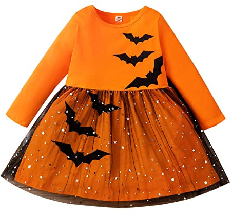 Robe de princesse à manches longues pour fille avec imprimé chauve-souris Tulle Mesh Costume d'Halloween Dessin animé pour tout-petits, Orange, 3-4 ans