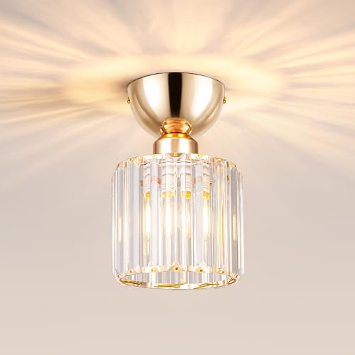 MELAYR 4773855 Gold Kristall Deckenleuchte E27 Kleine Kristall Deckenlampe | Modern Kronleuchter Ø13CM Vintage Ceiling Light Deckenlampe für Schlafzimmerlampe Flur Küche Eingang Esszimmer Balkon Veranda