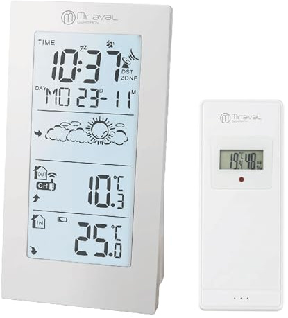Miraval Funk-Wetterstation mit Außensensor, Digital, Schwarz, DCF77-Funksignal, Temperaturanzeige °C & °F, Wettersymbole, 2 Alarme (Weiß)