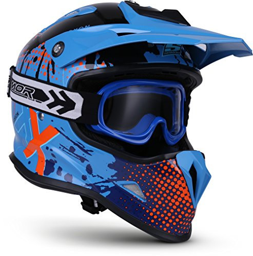 SOXON® SKC-33 Set „Fusion Blue“ · Kinder Cross-Helm · Motorrad-Helm MX Cross-Helm MTB BMX Cross-Bike Downhill Off-Road Enduro-Helm · ECE 22.05 Schnellverschluss SlimShell Tasche XS (51-52cm)