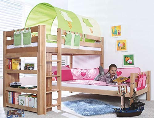 Froschkönig24 Etagenbett Beni L Kinderbett Spielbett Hochbett Bett Natur Stoffset Indianer, Matratzen Oben/unten:mit 2X Matratze