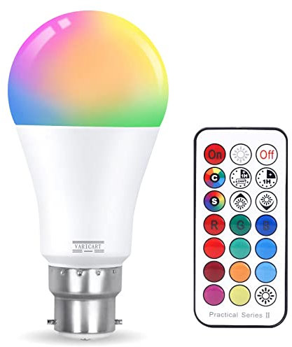 VARICART B22 10W Colour Changing Light Bulb Dimmable, LED Bulbs Bayonet with Remote,RGB + Warm White 3000K, 12 Colour + 5 Modes, Dual Memory, 75W~100W Equiv. for Home Dec & Mood Lighting (Pack of 1)