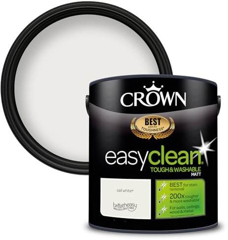 Crown EASYCLEAN Off White Paint Matt Wall Paint - Washable 2.5L | Stain resistant Sail White 200x tougher. Wipeable on walls, ceilings, wood & metal. Ideal for hallways & kids' rooms. Low VOC