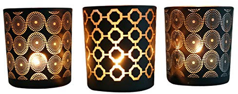 khevga Lot de 3 photophores en verre noir doré