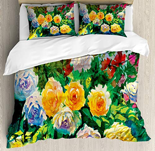 ABAKUHAUS Watercolor Duvet Cover Set, English Garden Roses Art, Bedding Set 3 Pieces with 2 Pillow Shams, 200 x 200 cm - 70 x 50 cm, Multicolor