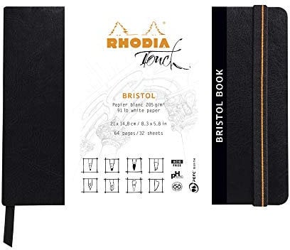 Rhodia 116114C - Skizzenbuch Bristol Book, 32 Blatt blanko, weißes Bristolpapier, 205g, 21 x 14,8 cm 205g, Querformat, Softcover mit Kunstleder, Schwarz, 1 Stück