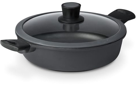 SKK 14928 Series 6 Aluguss-Bräter mit Glasdeckel – Flache Kasserolle mit Sicherheits-Glasdeckel und zwei Griffen, ideal für Gemüse und Eintöpfe, induktionsgeeignet – 4 Liter