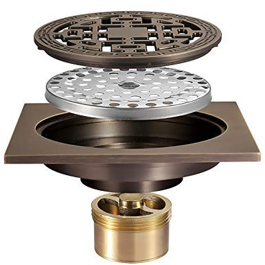 Bodenablauf Antike Bronze Duschablauf mit Runden Abdeckung und Geruchsstop und Haarsieb, Messing Bodenablauf Flach Bodenbefestigung für Badezimmer Wc Küche,Style1