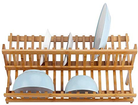 Wakects Escurreplatos de madera de bambú, escurreplatos grande de 2 niveles de bambú, escurreplatos de apoyo para secar platos y vasos, 45 x 19 x 21 cm