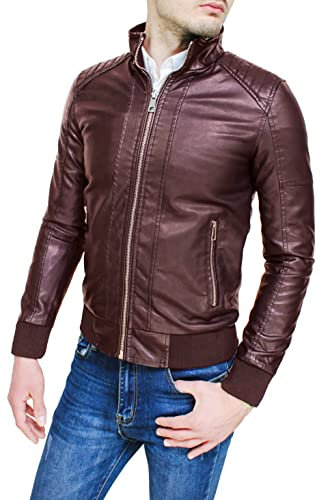 Giubbotto giacca uomo casual nero slim fit in ecopelle giubbino bomber moto (XXL, Bordeaux)