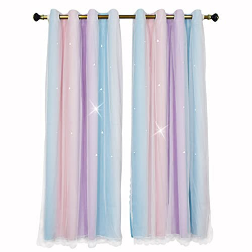 ZJXSNEH Rideaux à Double Couche dégradés Rideaux occultants mélange de Voilage de fenêtre Moderne pour Salon/Chambre à Coucher Couleur Rose Violet-Arc-en-Ciel (Largeur x Haute) L86cm x H114cm x 1PC