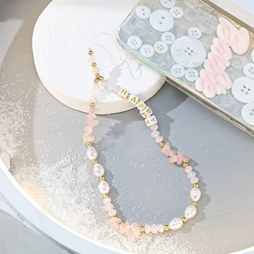 Universale Telefonkette Telefongurte Handykette,Bunte Perle Kies Buchstabenperlen Telefon Lanyard Handschlaufe Handgelenkschlaufe Perlen Kette Handyanhänger Taschenanhänger Schlüsselanhänger,Rosa