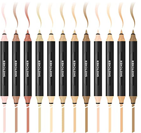 Molotow Sketcher Twinmarker Character Kit (Brush Tip & 3mm Keilspitze, farbintensive Aqua Pro Tinte, schnelltrocknend, für die Anwendung auf Papier) 12 Stifte in Hauttöne