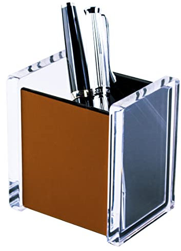 DELMON VARONE - Premium Stifteköcher aus Acryl transparent und Leder braun - Stiftebecher mit rutschfester Vliesunterseite - Design Stiftehalter eckig für Schreibtisch & Büro elegant, edel