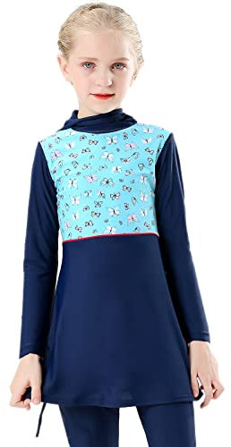 IBAKOM Kinder Kleinkind Mädchen Modest Bademode 2 Stück Burkini Langarm/Kurzarm Rash Guard Badeanzug Top Hose Strandkleidung Surfen Muslimisch Islamischer Badeanzüge 1# Marineblau 11-12 Jahre