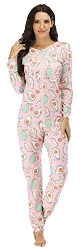 QIYUANT Damen Jumpsuit Onesie Pyjama Sanft Schlafanzug Einteiler Strampler Lang Button-Down Overall Langarm Frühling Herbst Winter Weihnachten Nachtwäsche Homewear