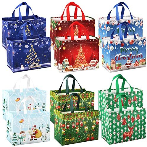 Große Weihnachts Tragetaschen mit Griffen, 12 Stück Weihnachts Einkaufstaschen, Wiederverwendbare Weihnachtsgeschenke Tüten für Einpacken von Geschenken Weihnachts Party zubehör