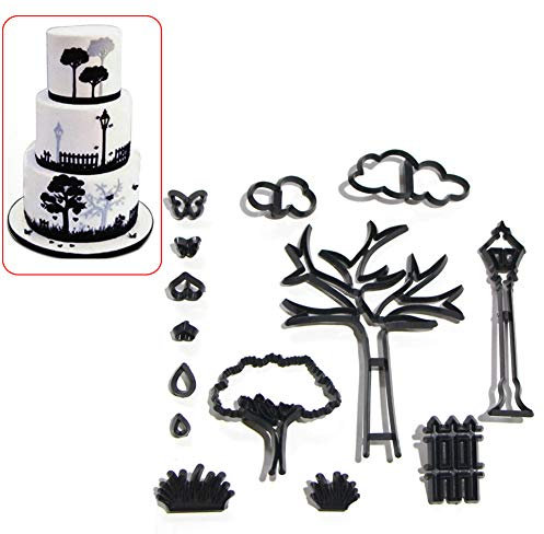 Ausstechformen-Set mit Park-Thema, Pflanze, Baum, Gras, Straßenlaterne, Fondant-Ausstecher, Kuchendekorationswerkzeuge, Kunststoff, DIY, Zucker, Basteln, Schneidewerkzeug für Jahrestag, Braut,