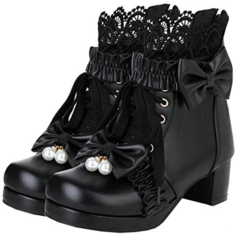 Meefit Damen-Stiefel, Plateaustiefel, zum Schnüren, klobiger Absatz, Stiefeletten mit Schleife, Cosplay, Winterschuhe, Schwarz, 41 EU