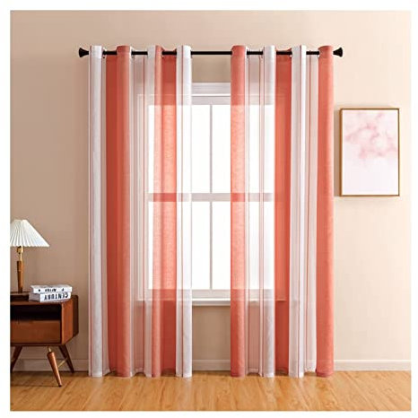 Aotiwe Gardinenstoff Durchsichtig, Schlaufenschal Orange Transparenter Streifen Polyester 2 Stücke 137X214cm