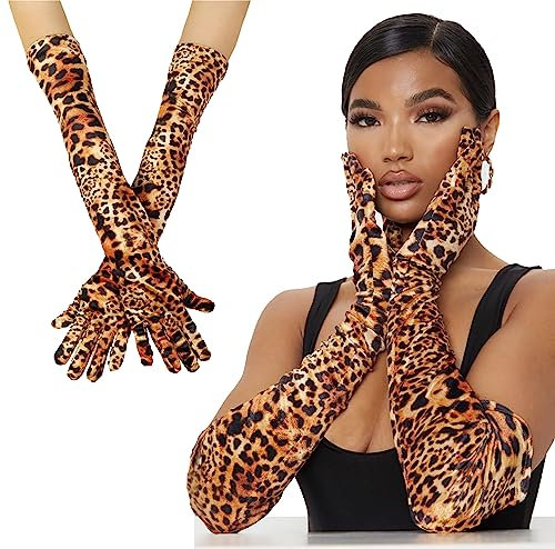 Opera Lange Handschuhe für Frauen – 1920er Jahre Leopard Satin Dehnbare Ellenbogenlange Handschuhe für Halloween Gatsby Mottoparty, leopardenmuster, One size