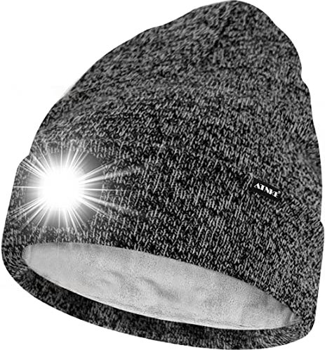 ATNKE LED Mütze mit Licht,Wiederaufladbare USB 4 LED Beleuchtete Laufmütze Extrem Heller Lampe Winter Warme Gefüttertes Fleece Stricken Mütze für Herren und Damen Geschenke/Blended Black White