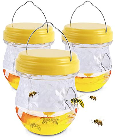 3 Stück Wespenfalle zum Aufhängen, Lebendfalle Wespen 360°, Wespenfänger für Draussen Balkon, Bienenfalle Außen, Wespen Fänger Abwehr ohne Chemie Lockstoff ABS Mückenfalle Fliegenfalle Behälter Set
