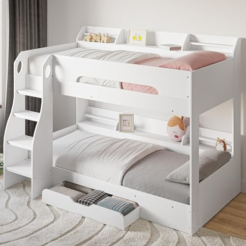 Flair Furnishings - Double Bunk Beds, Wooden Bunk Beds for Kids with Shelves and Drawer, Heavy Duty and Sturdy, Cosy, Stylish, Space Saving Design (White)