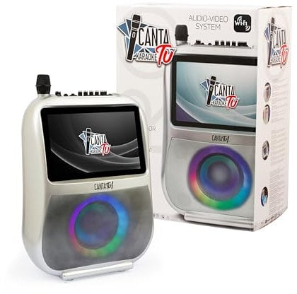 Canta Tu Karaoke PRO 2023 Karaoke Professionale Completo con Microfono Wireless, Display Touch, Connessione Wi-Fi, Effetti Vocali, Luci LED, Batteria Ricaricabile, Voice Changer, Argento