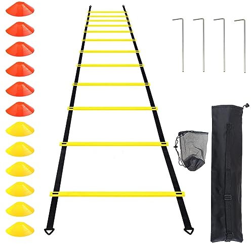 Auckpure Accessori per allenamento da calcio, scala di coordinazione, set da allenamento con 12 cappelli da calcio, 4 pali in ferro fisso, 1 tasca a rete a cono da calcio, 1 borsa da allenamento con