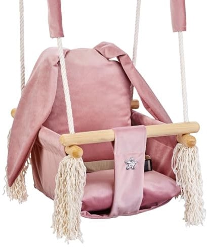 Love Gifts® Babyschaukel aus Holz hochwertig und geeignet als Indoor Schaukel, montierbar an der Decke sowie im Türrahmen, Hase-Rose Made in EU