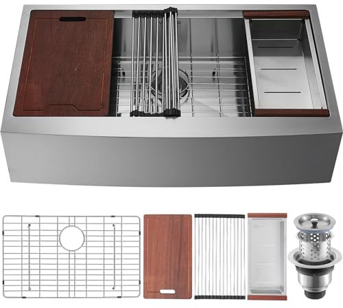 VEVOR Évier Cuisine de Style Campagnard Évier à Encastrer en Acier Inoxydable 304 Une Cuve avec Planche à Découper Égouttoir Filtre Drainage Rapide pour Préparation Cuisine Maison 84 x 56 x 23 cm