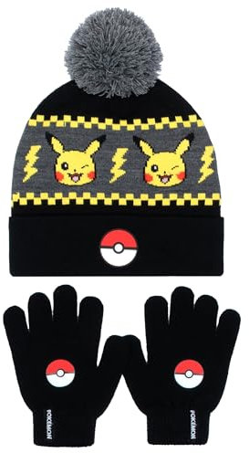 Pokemon Wintermütze und Handschuhe Set für Jungen, warm und bequem, Pikachu Design, perfekt für Jungen von 6-12 Jahren, Geschenkset, Schwarz/Gelb, gelb, Einheitsgröße