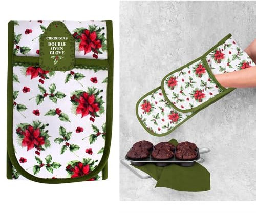 RSW Oven Glove Christmas Holly Design 100% Cotton Double Pocket Oven and Pot Holder
