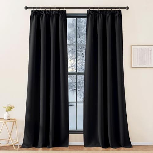 KGORGE Kälteschutz Thermovorhang mit Kräuselband Vorhänge Blickdicht | Schwarz, 2er Set, 260 x 140 cm(HxB), Thermo Vorhang gegen Kälte für Schienensystem, Verdunkelung, für Wohnzimmer