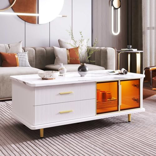 KOMHTOM Table basse marbrée blanche - Buffet avec deux tiroirs et un compartiment de rangement - Armoire multifonction avec lumière LED intégrée pour salon, chambre à coucher et entrée (B)