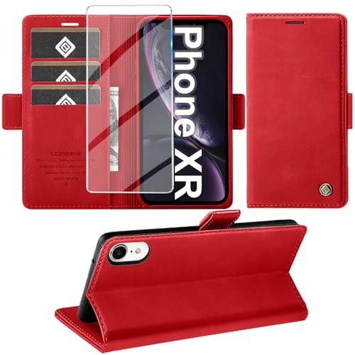 Giyer Handyhülle für iPhone XR Hülle mit Schutzfolie, Kartenfach Wallet Klapphülle Premium Leder Standfunktion Schutzhülle für iPhone XR Flip Case Cover Tasche (Rot)
