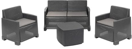 ipae progarden | Set Como, Wohnzimmer aus Polypropylen in Rattan-Optik, geflochten, mit 2-Sitzer-Sofa, 2 Sesseln und Couchtisch mit Aufbewahrungsbox, hergestellt in Italien (Anthrazit)