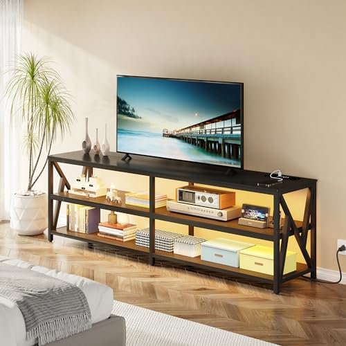 Figbird LED TV Schrank für 70 80 Zoll Fernseher, 180 cm Fernsehschrank mit Ladestation, RGB 24 Licht Smart TV Sideboard, Automatischer Sensorbeleuchtung Möbel Wohnzimmer Schlafzimmer Schwarz