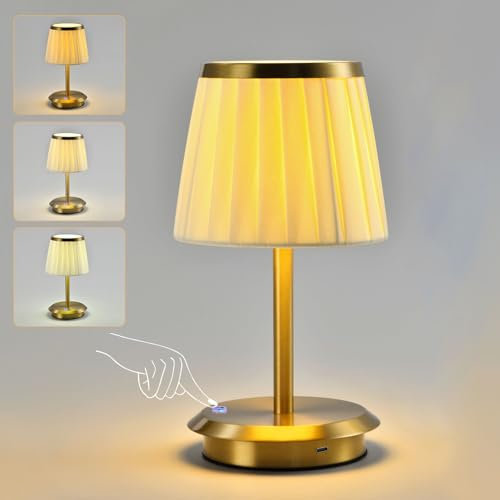 HARPER LIVING Rechargeable Table Lamp, LED Vintage Bedside Lamps 5000mAh Battery Operated, Touch Table Lamp with Fabric Shade for Bedroom Living Room, Dimmable and Multicolour, Gold