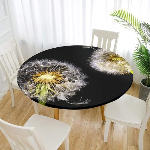 Morbuy Rund Tischdecke Elastisch, Löwenzahn Drucken Lotuseffekt Tischdecke Rund Tischdecken Abwaschbar Gartentischdecke Indoor Outdoor Tischtuch (Für Tisch 50-60 cm,Schwarz)