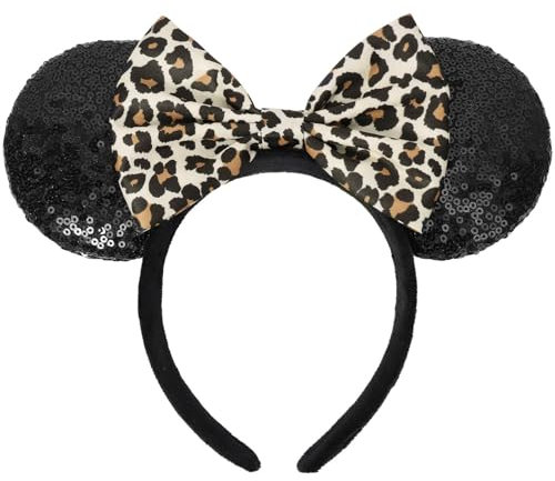 Mouse Ears Headband, Sequin Ears Headband with Leopard Bow, Glitter Party Hair Decoration for Women (Leopard)