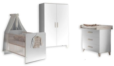 PRIZZI Babyzimmer Komplett-Set in Weiß / Aurum Optik - Babyzimmer Möbel-Set 3-teilig bestehend aus Kleiderschrank, Babybett & Wickelkommode