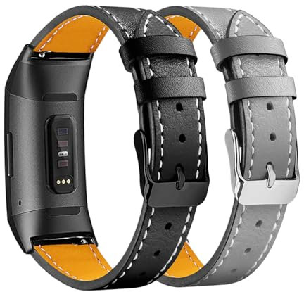 Mtozon Bracelets en cuir compatibles avec Fitbit Charge 4/Charge 3, accessoires de rechange pour homme et femme, noir + gris