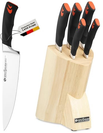 GROSSMAN Waterloo Messerblock 5-teilig – Küchenmesser Set mit schwarz-orangenen Griffen – deutsche Edelstahlklingen – Messerhalter in Beige – rutschfest & modern